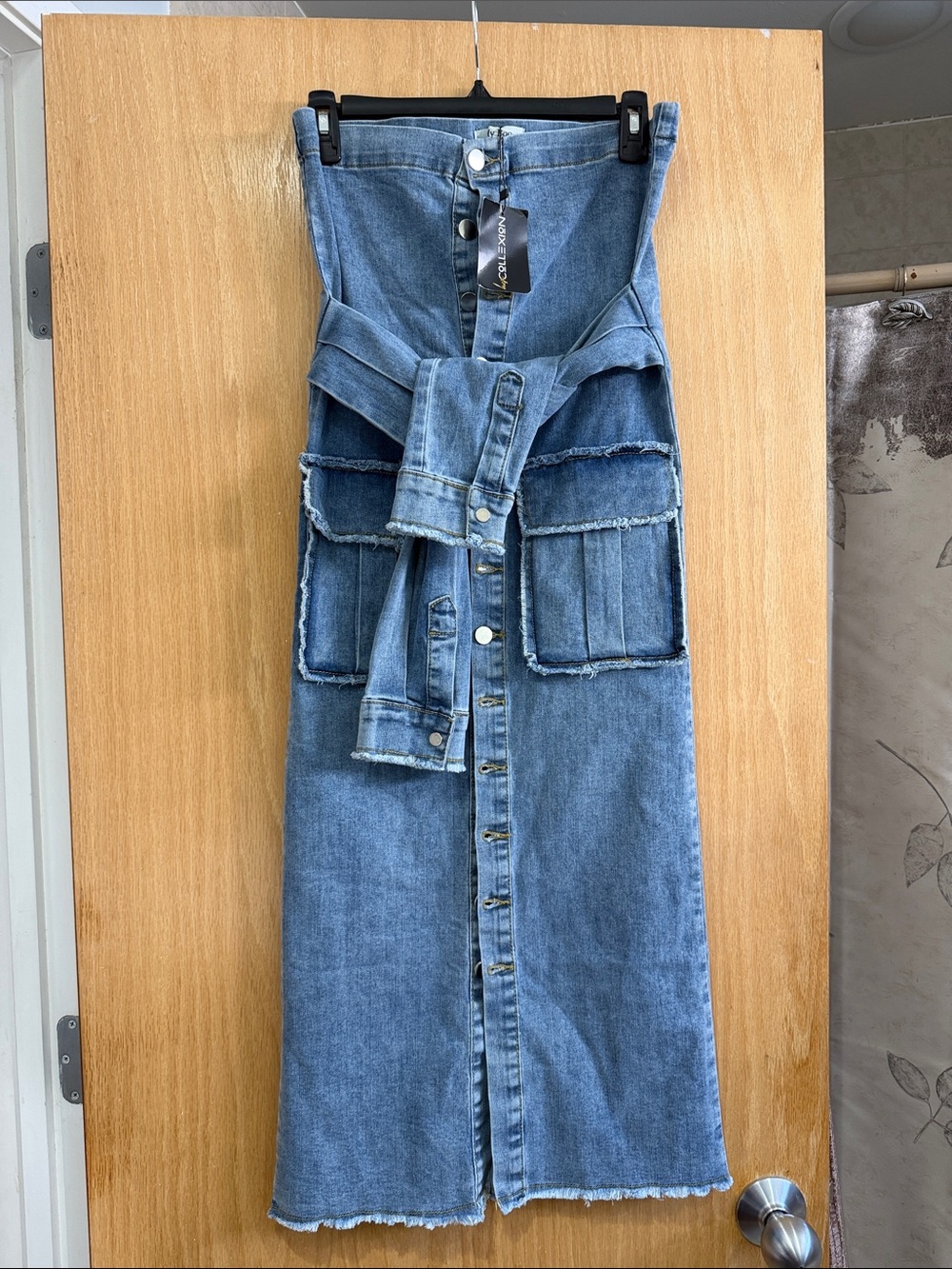 Strapless Light Blue Denim Midi Dress with Tie Waist